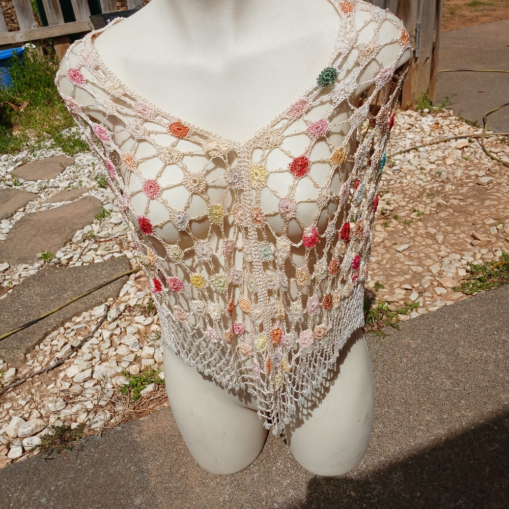 Crochet Floral Chevron Poncho in Cream with Pastel Flowers